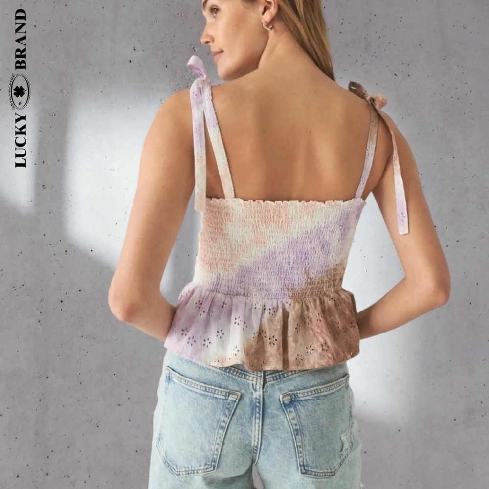 LUCKY BRAND Sweetheart Neck Shoulder Ties Cotton Eyelet Tie-Dyed Corset Top NWT